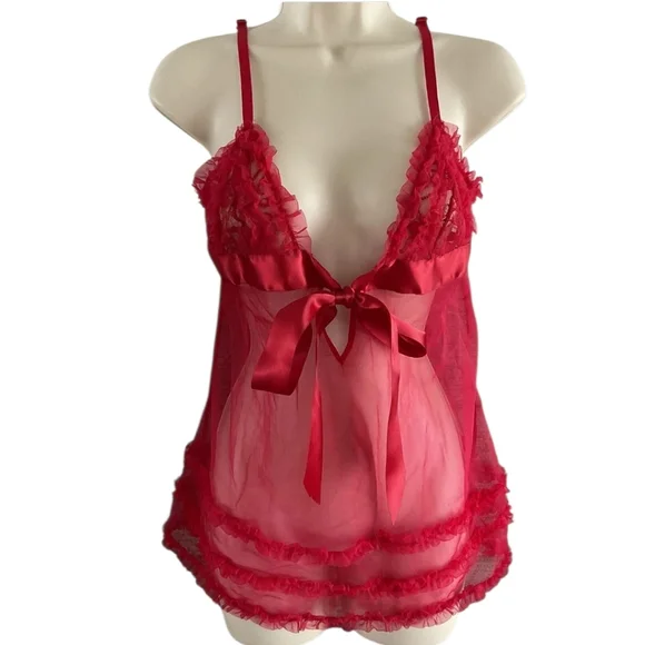 Frederick's of Hollywood Babydoll Sheer Ruffle Lace Chemise Lingerie Red Large - Picture 1 of 10